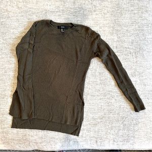 Dark Olive Crew Neck Ribbed Vent Hem Sweater
